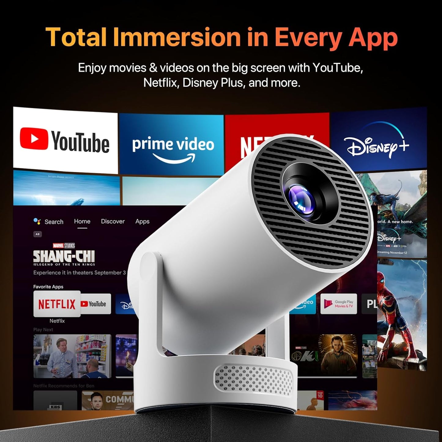 Portable Projector with [2025 Upgraded] Hifi Speaker [Built-In Apps & 1080P] Lower Noise Mini Projector Wi-Fi Support Auto Keystone 270° Rotatable Big Screen Lightweight Ios/Android
