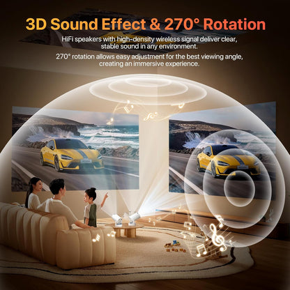 Portable Projector with [2025 Upgraded] Hifi Speaker [Built-In Apps & 1080P] Lower Noise Mini Projector Wi-Fi Support Auto Keystone 270° Rotatable Big Screen Lightweight Ios/Android